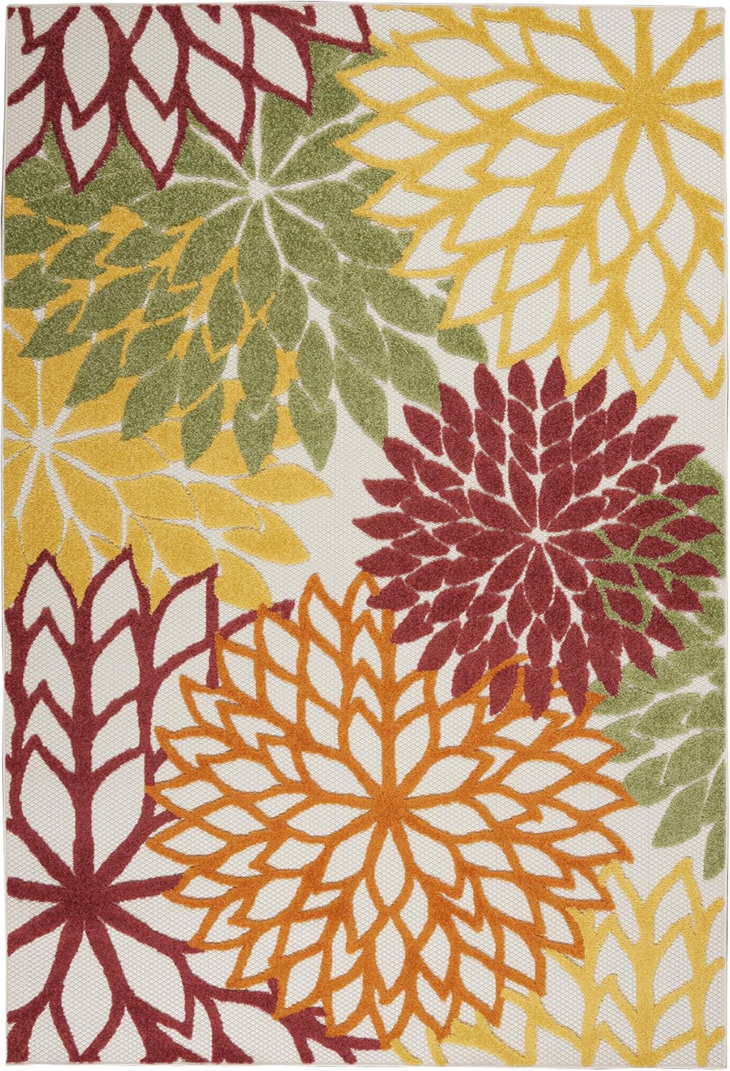 Nourison Aloha Indoor/Outdoor Red Multi Colored 5'3" x 7'5" Area Rug, Tropical, Botanical, Easy Cleaning, Non Shedding, Bed Room, Living Room, Dining Room, Deck, Backyard, Patio (5x7)