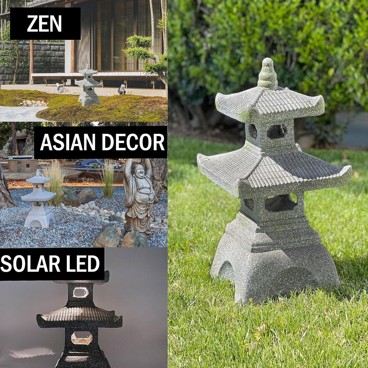 Galt International 2 Tier Pagoda Garden Statue LED Solar Powered Light 26" Tall Outdoor Zen Garden Lantern Landscape Lawn Asian Pagoda Stupa Decor Grey Resin