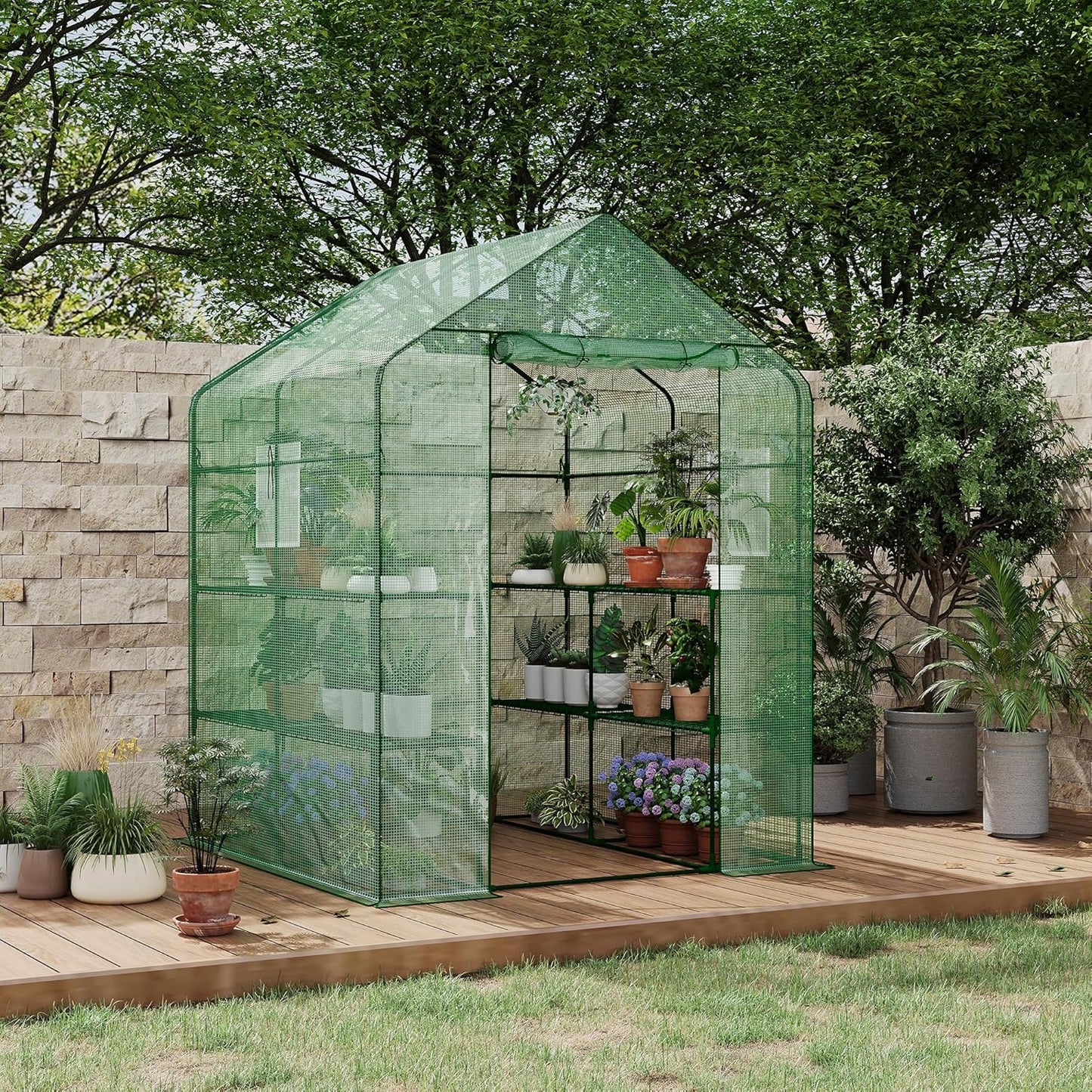 Greenhouse, 57 x 57 x 76'' Greenhouses for Outdoors, Durable Green House Kit with Window, Thicken PE Cover, 3 Tiers 12 Shelves, Portalbe Walk in Green Houses for Indoor Backyard Outside