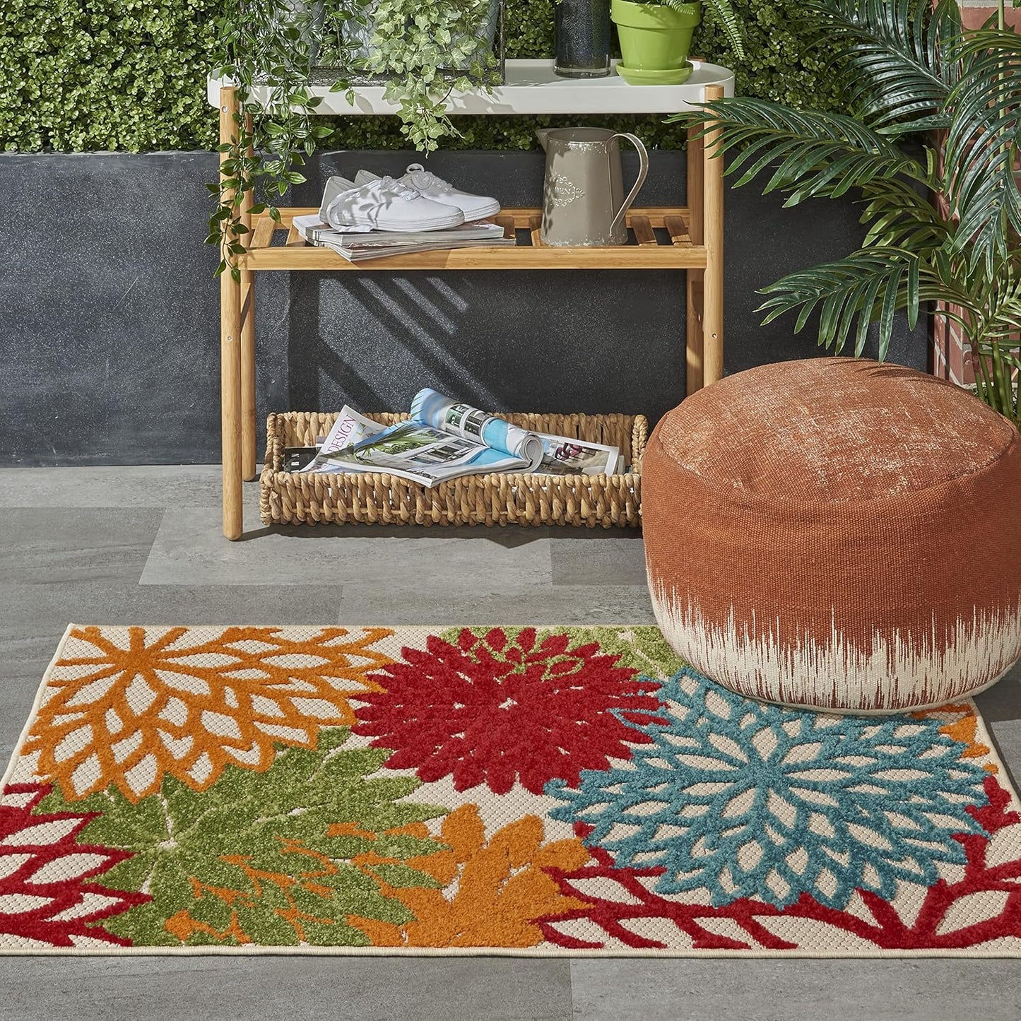 Nourison Aloha Indoor/Outdoor Green 2'8" x 4' Area Rug, Tropical, Botanical, Easy Clean, Non Shedding, Bed Room, Living Room, Dining Room, Deck, Backyard, Patio (3x4)