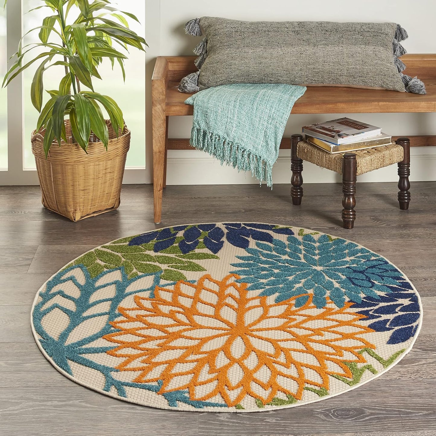 Nourison Aloha Indoor/Outdoor Multicolor 5'3'' x Round Area--Rug, Tropical, Botanical, Easy--Cleaning, Non Shedding, Bed Room, Living Room, Dining Room, Deck, Backyard, Patio (5 Round)