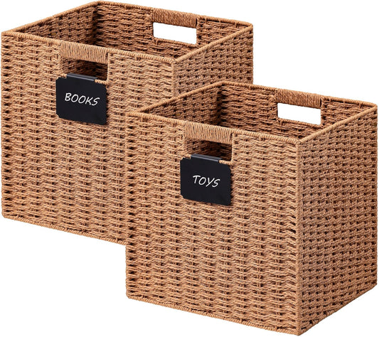 UBBCARE 2 Pack Wicker Basket, 10.5×10.5 Storage Cubes with Label, Foldable Cube Storage Bin with Handle, Square Storage Basket for Shelves, Woven Paper Rope Basket for Organizing, Caramel